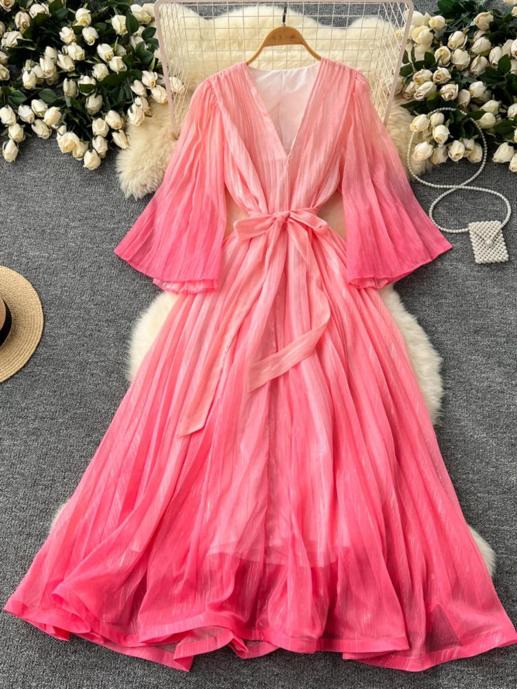 Women Elegant Party Dress Spring Summer Loose V-neck Flared Sleeves Straps Gradually Long Dresses Vintage Long Robe