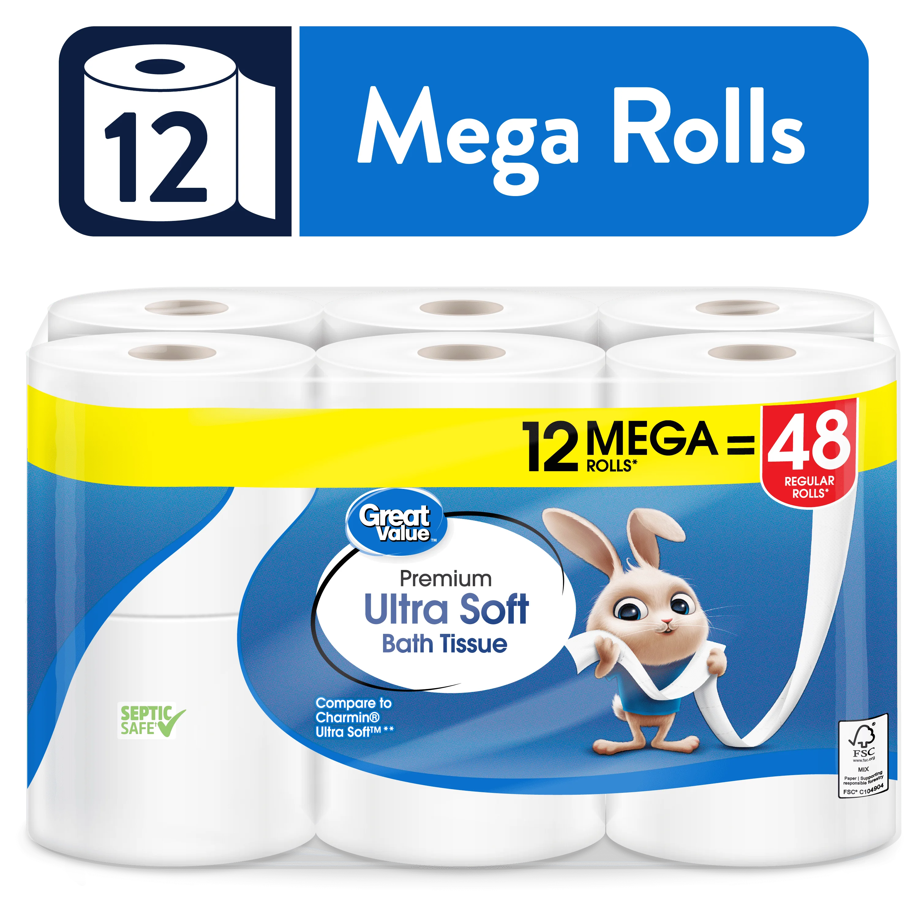 Ultra Soft Toilet Paper 12 Mega Rolls Bath Tissue Is Unscented and Gentle on Your Skin Septic Safe Durable