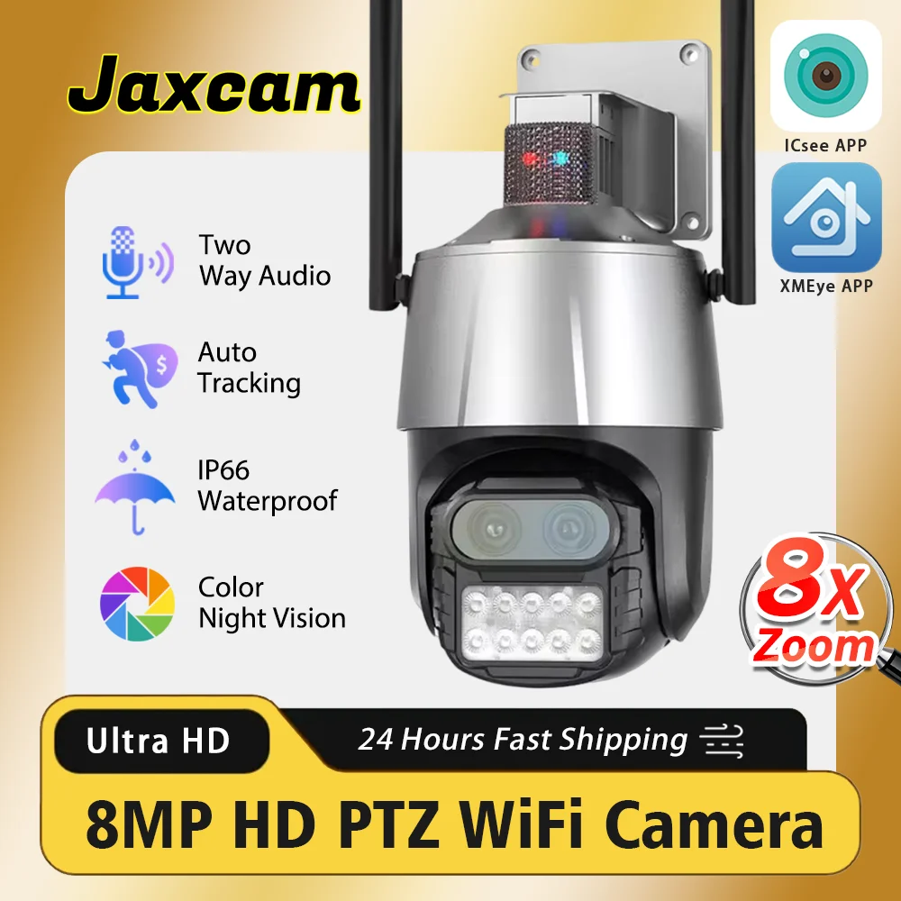8x Zoom icsee 4k 8mp Outdoor-WLAN-IP-Kamera Dual-Objektiv 2-Wege-Audioüberwachung ptz hd drahtlose