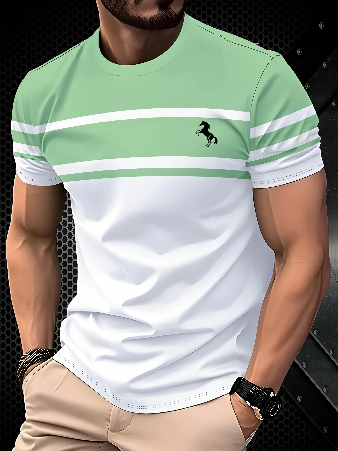 Mens Color Block Striped Tee, Light Green White Stripe With Black Horse Emblem Short Sleeve Daily Casual T-Shirt