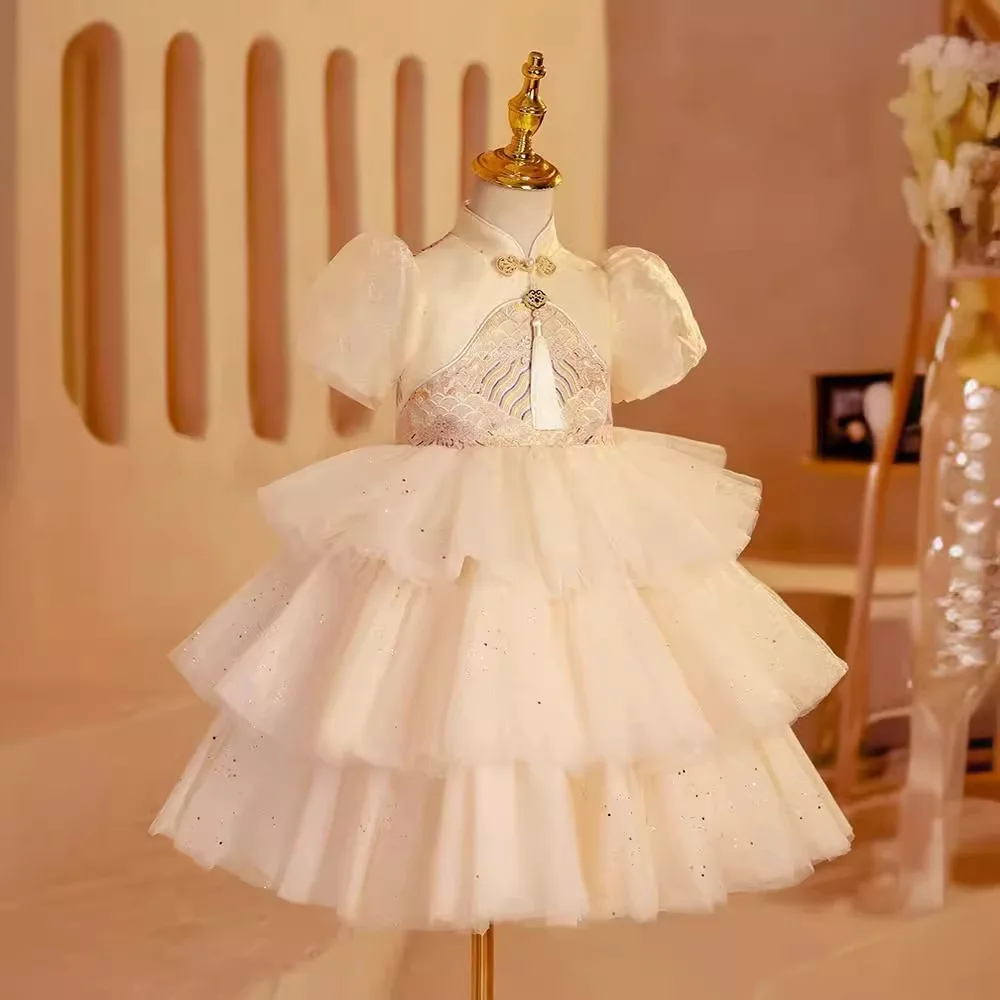 

Real Picture Vintage Flower Girl Dresses High Neck Short Sleeve Tiered Skirt Children's Clothing Kids Prom Special Occasion Gown