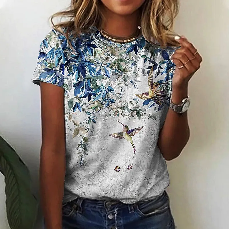 Bird Flower Floral 3D Print T-Shirts Summer Women's Round-Neck Short Sleeve T Shirt Harajuku Casual Tees Y2k Top Female Clothing