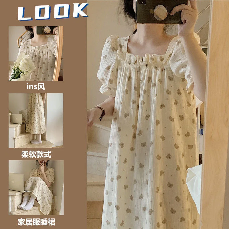 New Ladies Cotton Yarn Nightgown Square Neck Bear Dress Girls Loose Homewear Student Dress Worn Outside Women Casual Home Dress