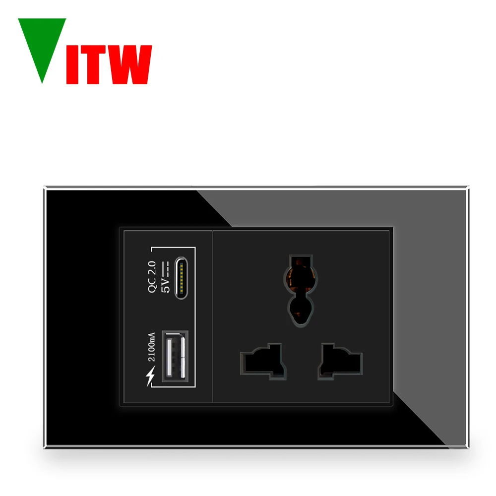 مقبس توصيل VITW Universal 13A مع منافذ USBA&amp;C 2A، تأريض قياسي تيار متردد 110-250 فولت، مخرج طاقة جداري للوحة زجاجية 120 × 72 مم