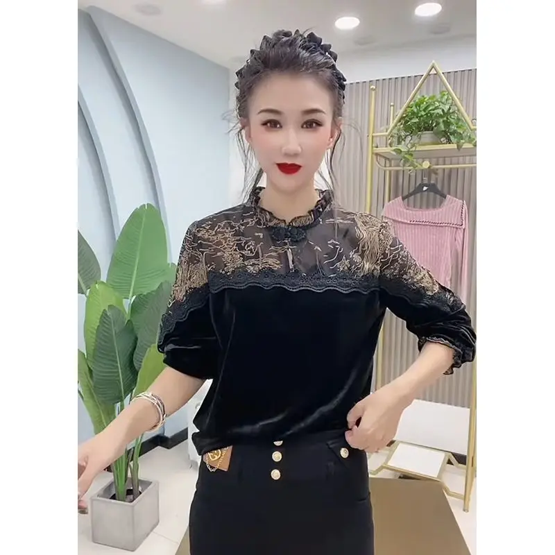 بلوزة نسائية أنيقة مع تطريز الأزهار وحواف من الدانتيل وياقة واقفة وأكمام طويلة ملابس ربيع الخريف بقصة ضيقة #4