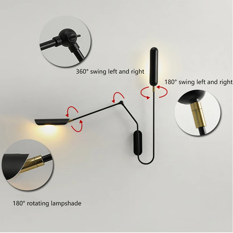 Imagem -06 - Led Interior Wall Light para Escritório Quarto Moderno Preto Minimalista Longo Braço Livro Luz de Leitura Lâmpada de Parede Iluminação Interior da Parede