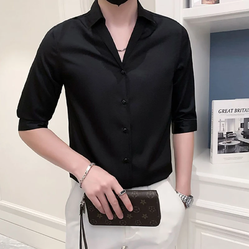 Business Casual Shirts Fashion Formal Office Lady Solid Loose Turn-down Collar Simplicity Button Elbow Sleeve Men's Clothing Man