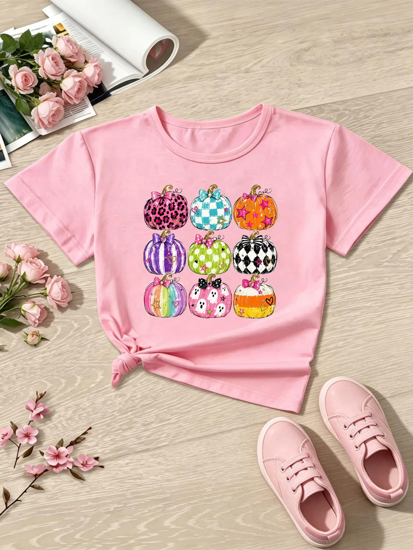 Colorful Pumpkin Bows Printed T Shirt Girls  Thanksgiving Gift T-Shirt Funny Kids Clothes
