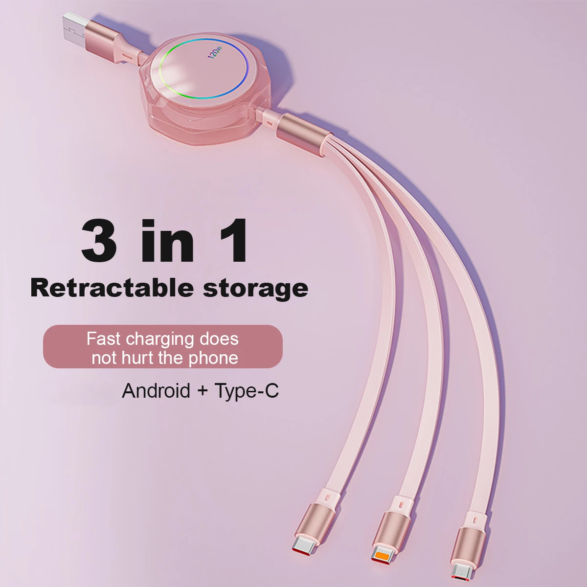 3 in 1 개폐식 USB 고속 충전 케이블 및 데이터 마이크로 USB C 타입, 아이폰 안드로이드 폰 샤오미 화웨이 OPPO용, 120W