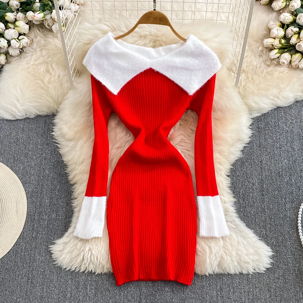 

Fashion Design Girls Off The Shoulder Patchwork Sweater Dress Women's Waistband Slimming Fit Knit Dress Lady Red Knitted Dresses