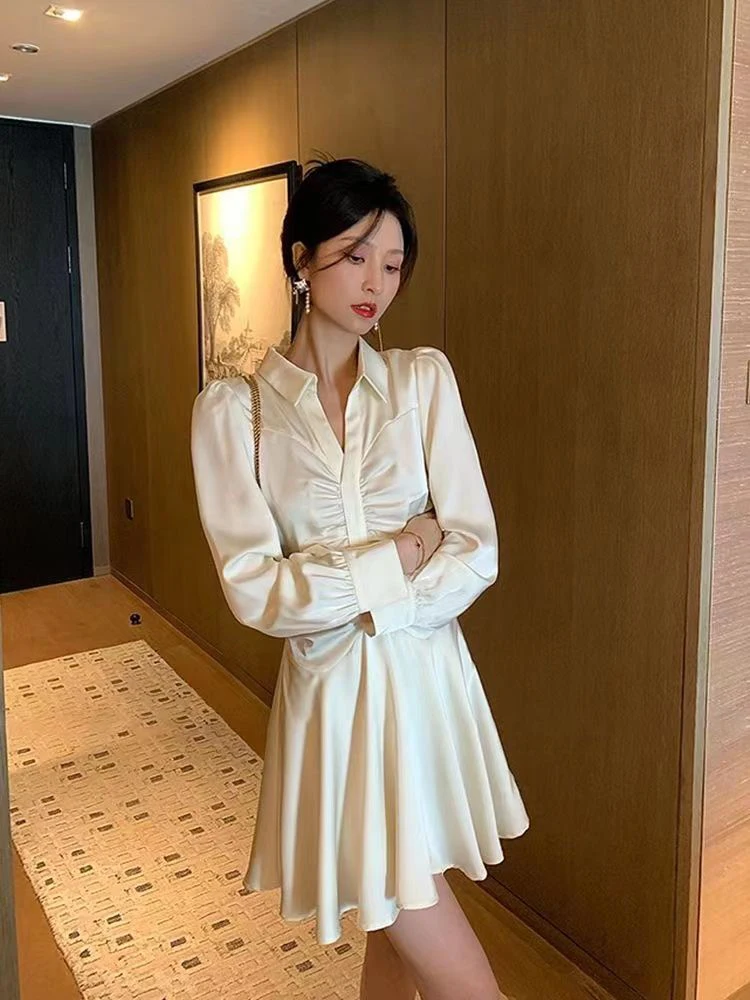 Minivestido elegante francés para mujer, Vestidos ajustados de manga larga con pliegues y cuello en V, moda estética lisa, Vestidos de oficina para mujer