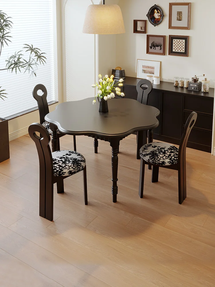 Retro Solid Wood round Dining Table American Modern Black Petal French Dining Table Home