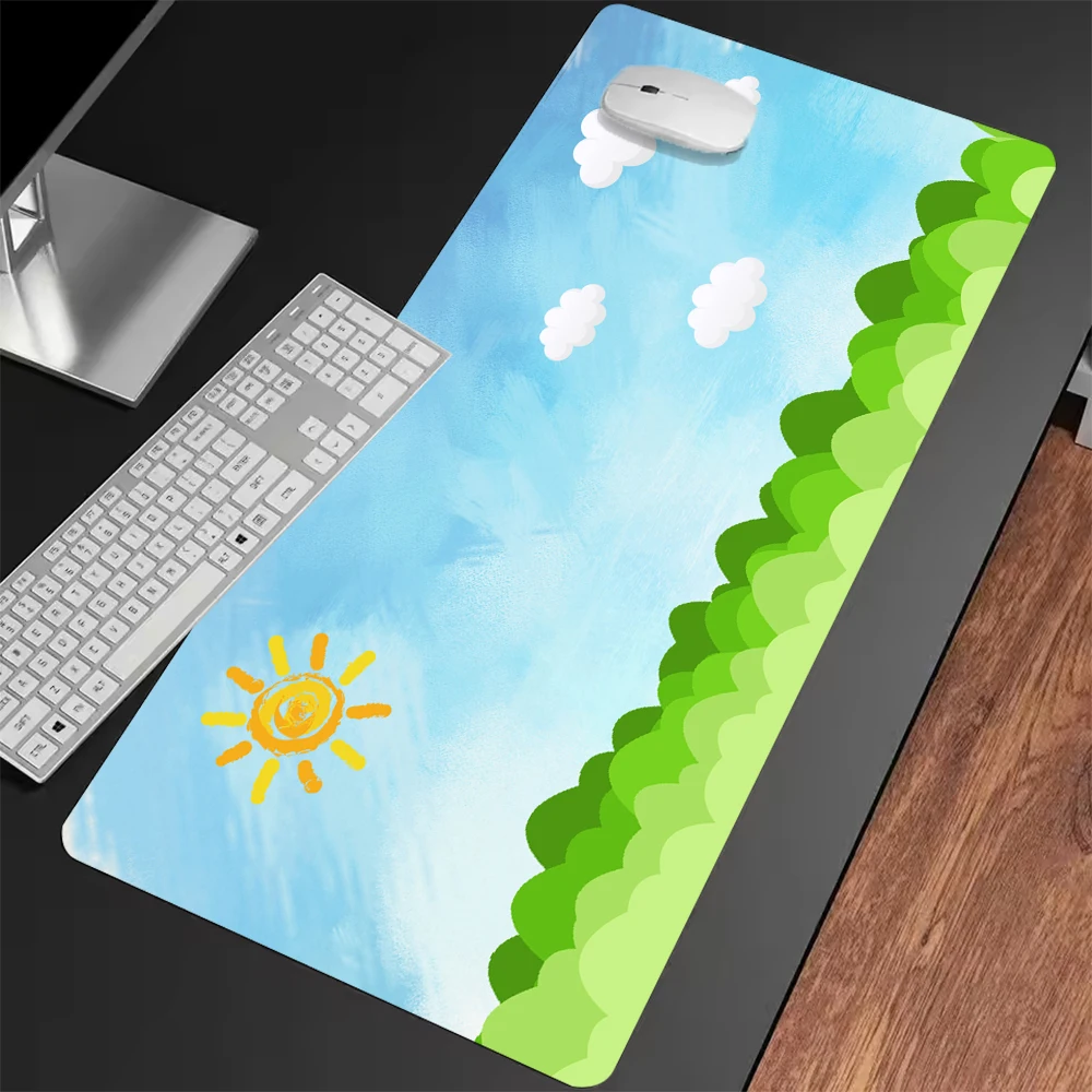 

XXL Non-Slip Cartoon Sun & Green Landscape Desk Mat: Watercolor Sky Clouds Gaming Mouse Pad for Office PC Workstation