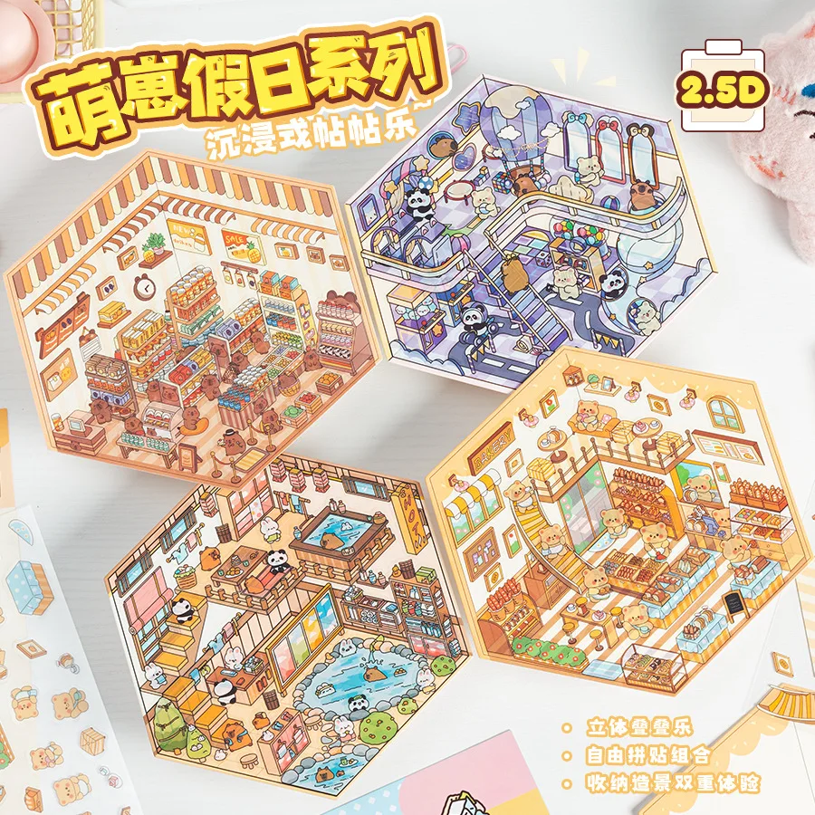 3D Cartoon DIY Capybara Cat Dog Miniature Scene Visual Stacking Stickers Landscaping Stickers Gift For Student