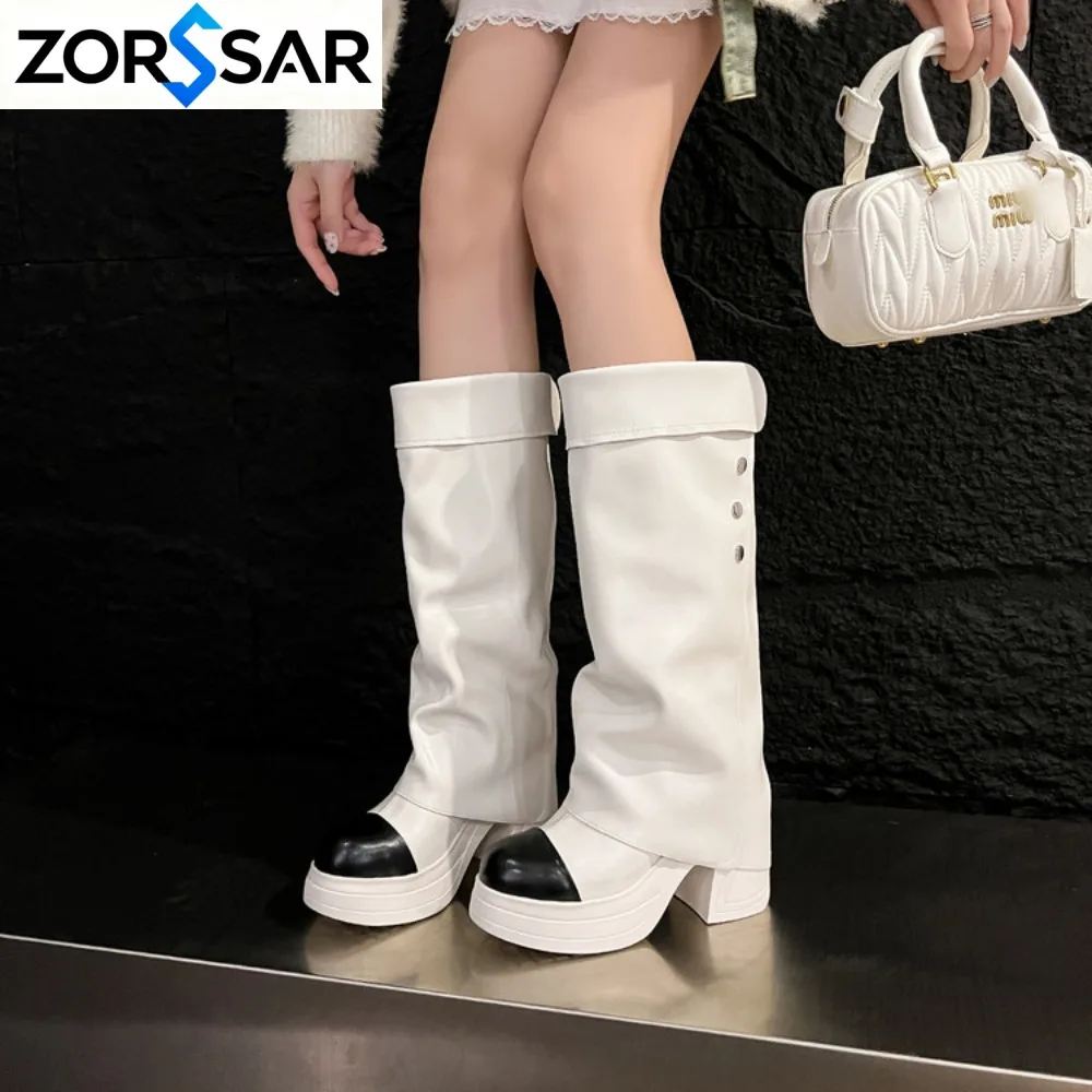 Platform Fold Genuine Leather Knee High Boots for Women Punk Belt Buckle Square Toe Zipper Trouser Boots Goth Shoes for Women