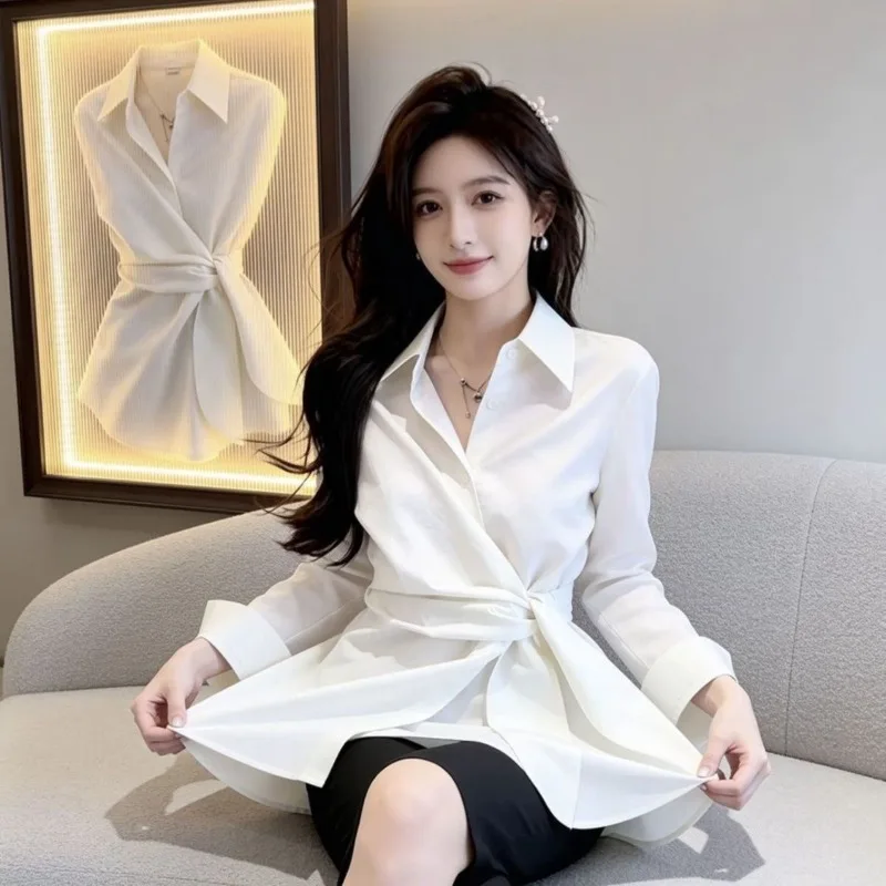 

With A Stylish Cinched Waist Lace-up Design and A Unique Lapel Design Trendy and Stylish Look This New Spring Women's Wear Shirt