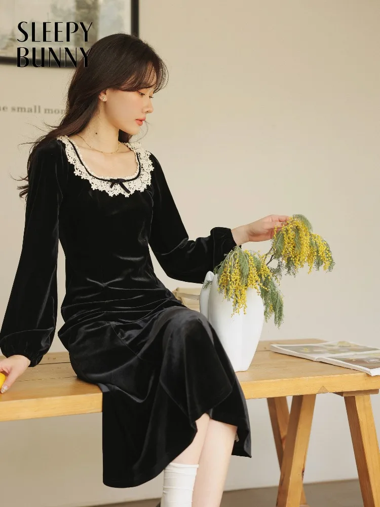 Elegante vestido de veludo francês quadrado pescoço vestido preto sereia maxi outfit com mangas compridas cintura fina roupa de noite para a primavera