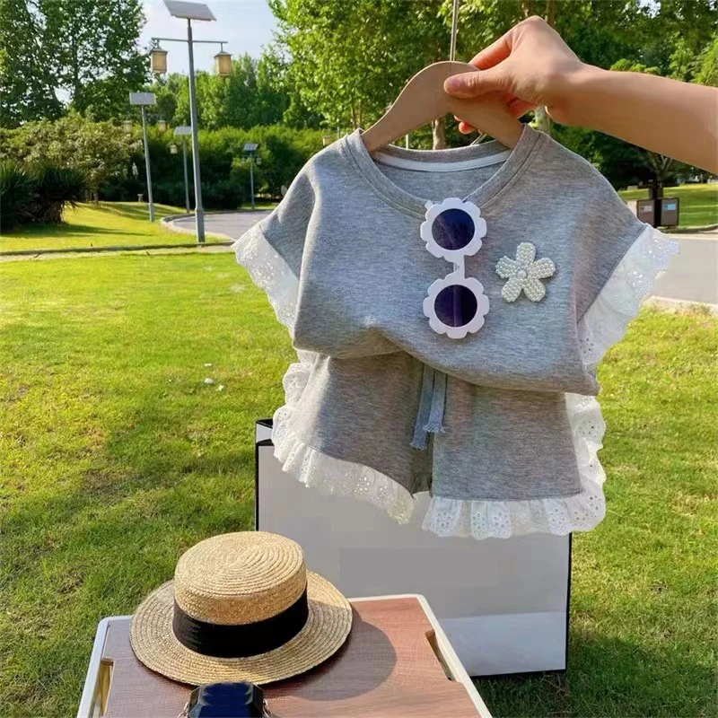 Girls New Summer Suit Two-Piece Toddler Korean Lace Lace Short-Sleeved T-Shirt In Small Children Shorts Cotton Children's Clothi