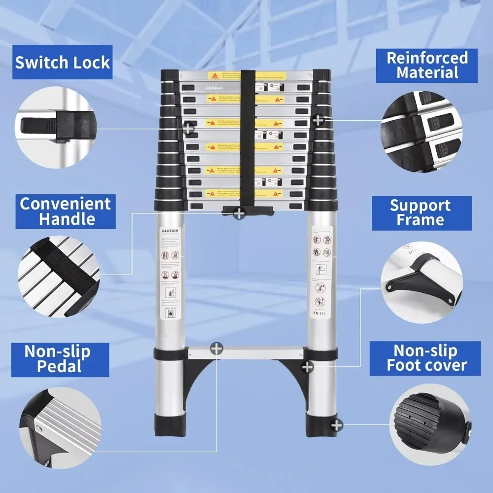 16.5 FT Extension Ladder Aluminum Lightweight Telescopic Ladder with 2 Triangle Stabilizers Telescoping Attic Ladder