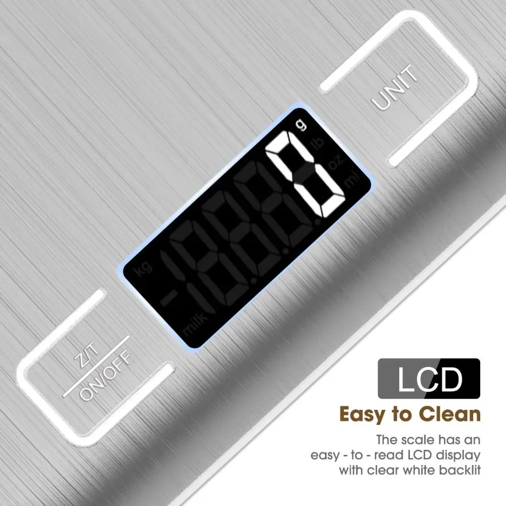 Digital Kitchen Scale 10kg Tare Function Stainless Steel LCD Display Electronic Food Scale for Baking Cooking Coffee Brewing