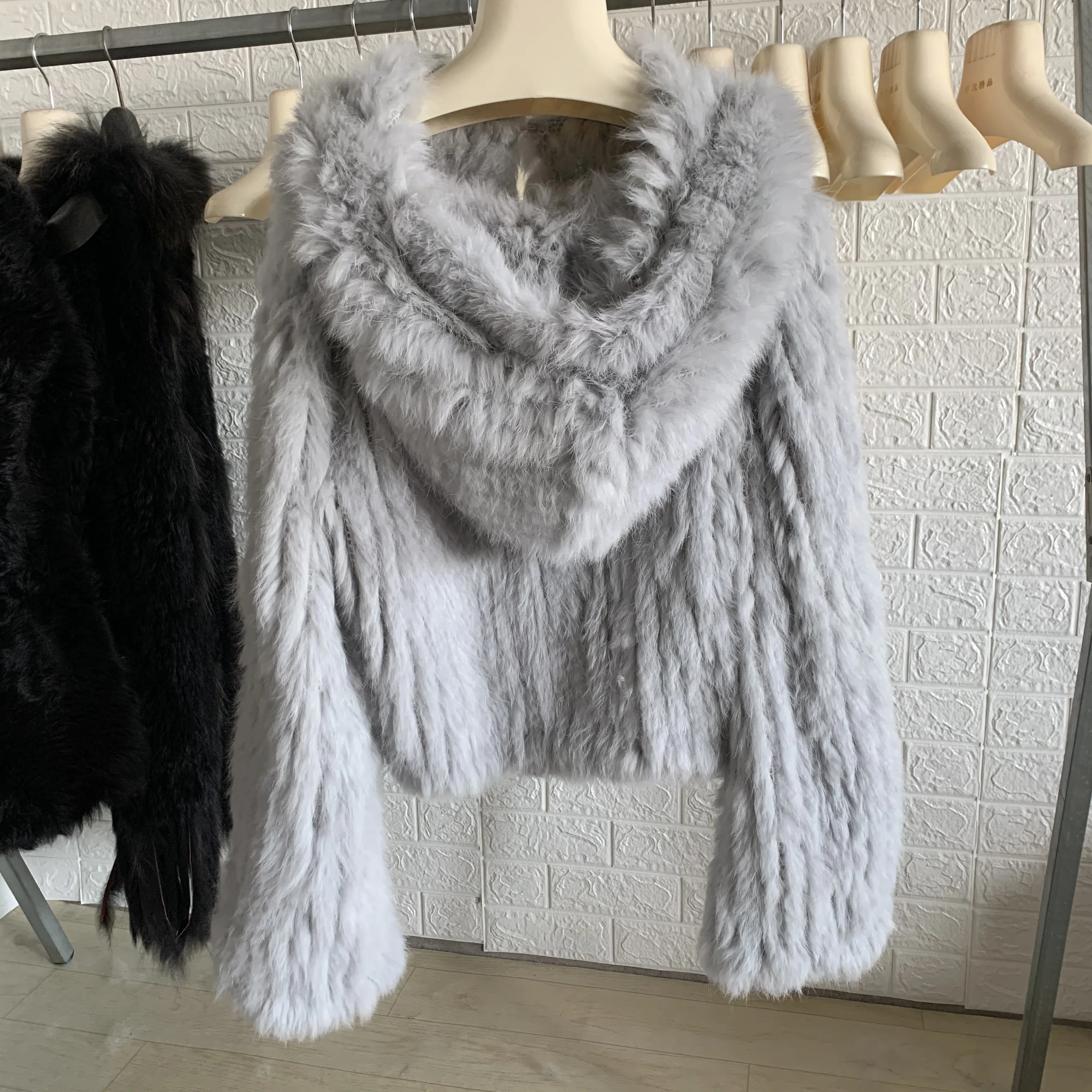 Autumn Winter Women Real Rabbit Fur Coat 100% Natural Fur Jacket Loose Manual Weave Quality Streetwear Hooded Flare Sleeves New