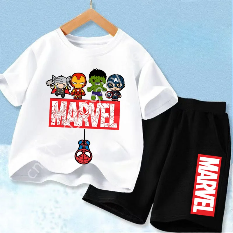Novo Conjunto de Camisetas Unissex para Crianças da Marvel, Estampa de Jogos de Verão, Roupas de Super-Heróis, Hulk, Homem de Ferro, Camiseta de Manga Curta e Calças, 2 Peças