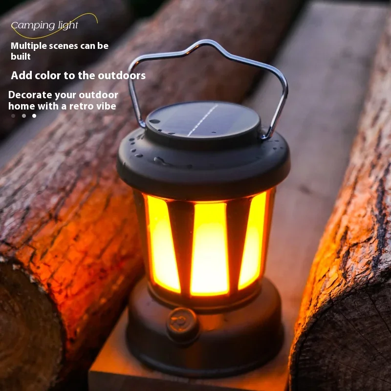 Solar Portable Handheld Vintage Camping Lantern USB Rechargeable Outdoors Tent Light LED Warm Light Night Hiking Fishing Lamp