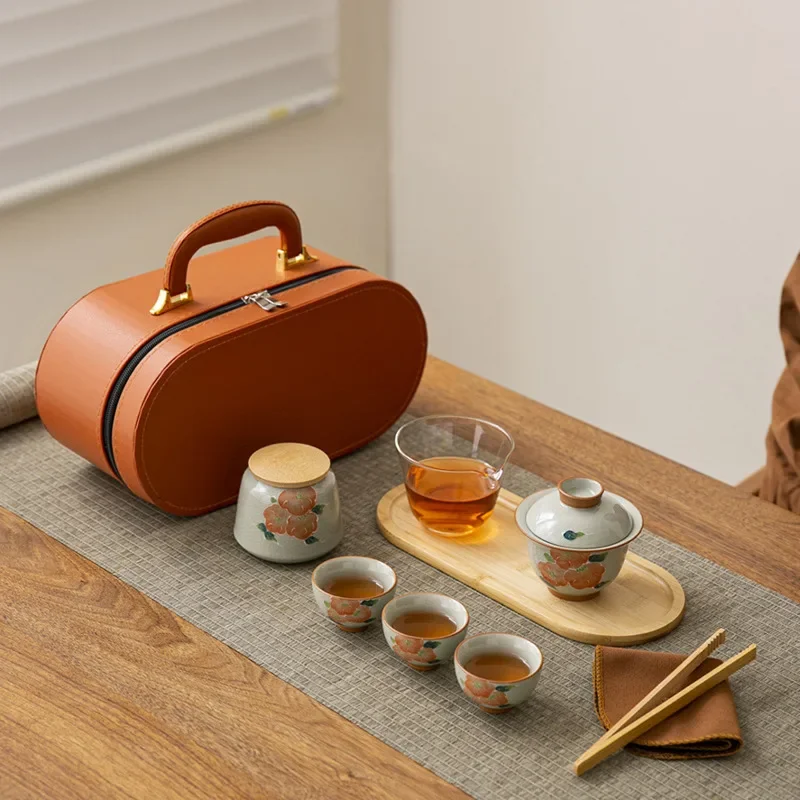 Portable Tea Pot and Cup Set Travel Tea Set Kung Fu Tea Gaiwan High-Grade Storage Bag A Pot of 3 Cups Outdoor Camping