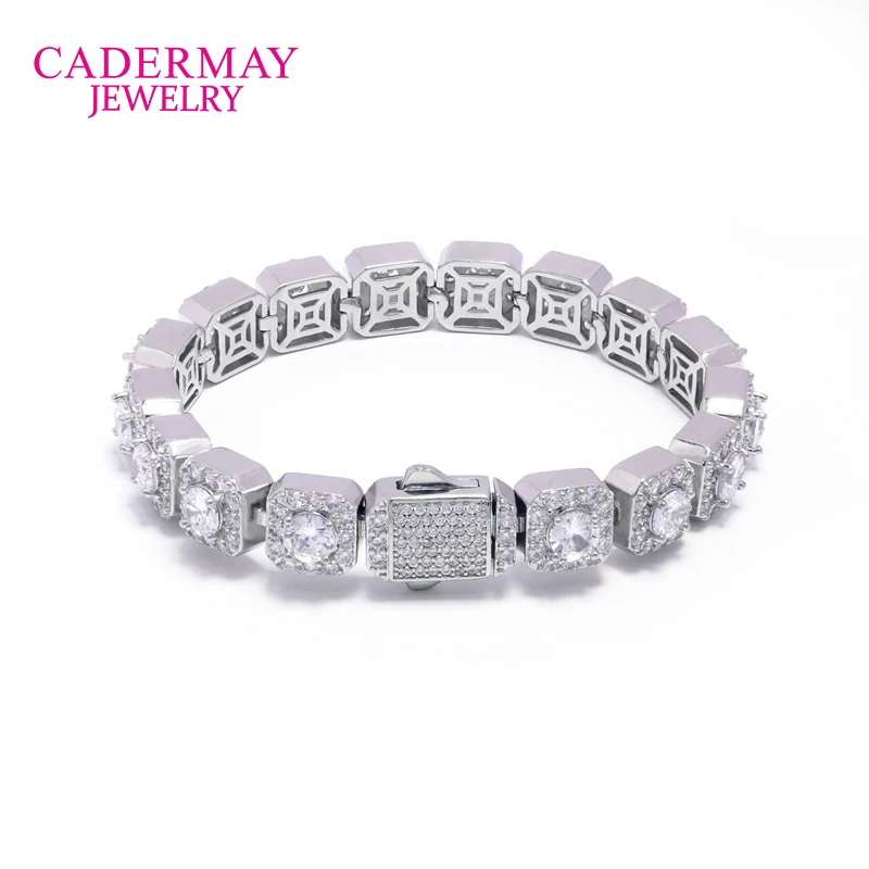 Cadermay HipHop Jewelry Special Fancy Square Clustered 10mm 12mm White Halo Diamonds Bracelet D VVS1 Moissanite Tennis Chain