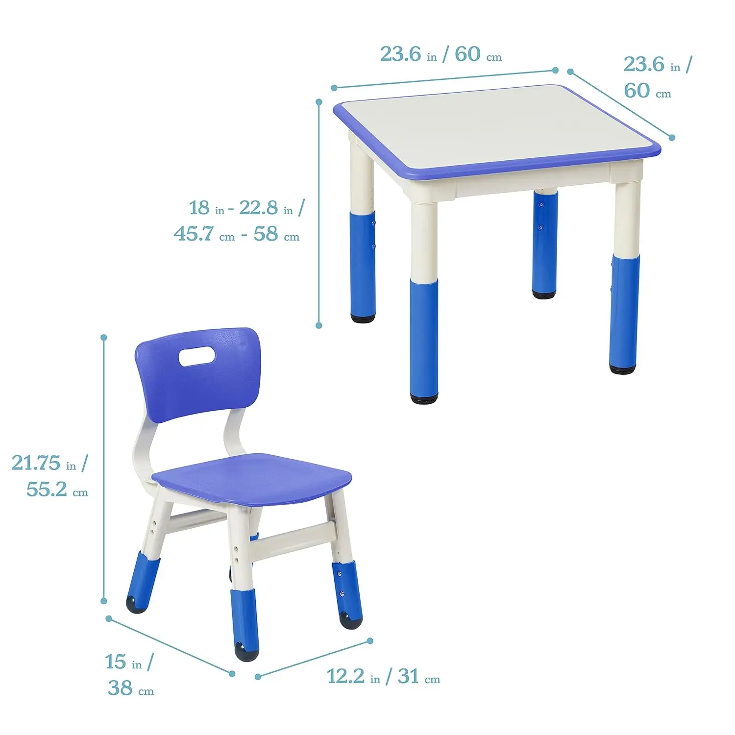 Adjustable Blue Dry-Erase Square Table Set with 2 Chairs for Kids' Activities