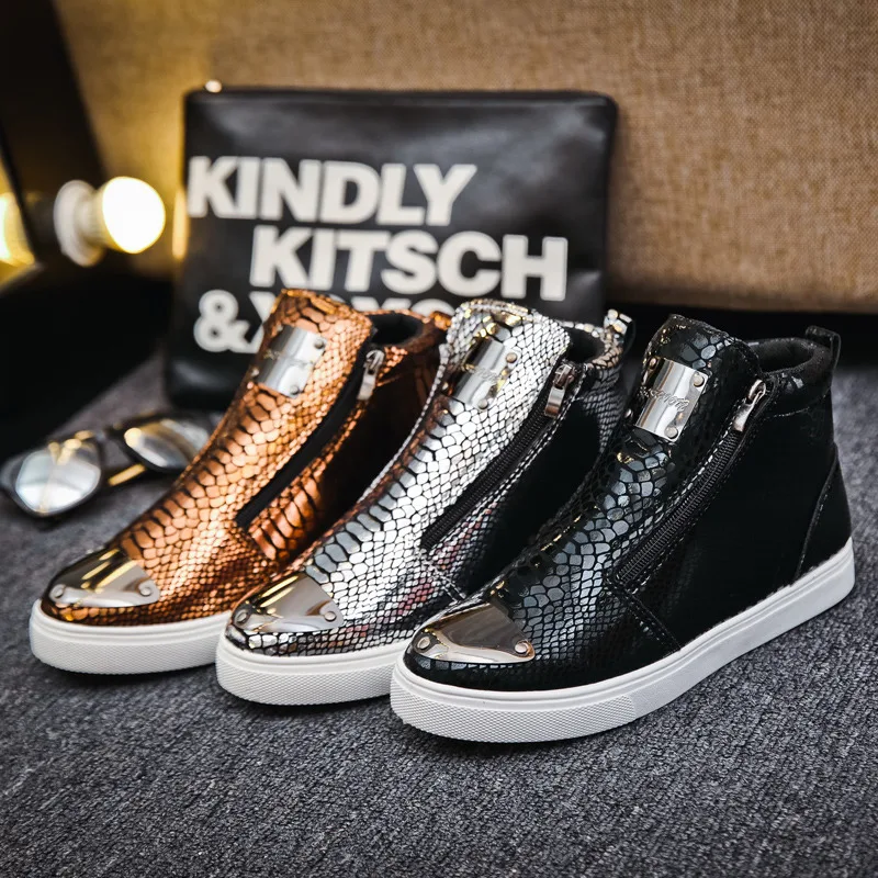 Fashion Zipper Men High Top Sneakers Luxury Gold Glitter Men Brand Sneakers Crocodile Leather Designer Men\'s Vulcanized Shoes