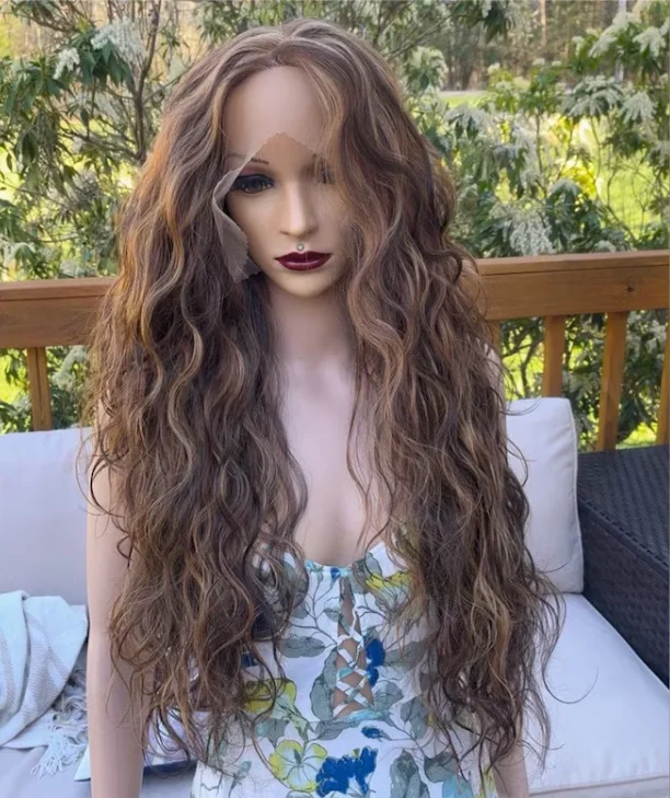 Water Body Wigs Long Highlight Brown Synthetic Lace Frontal Wigs For Women Body Wave Pre Cut Lace Glueless Wear To Go Wigs