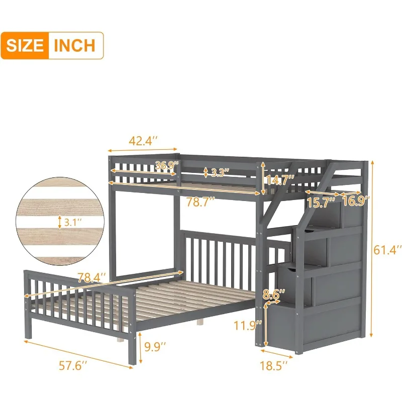 Twin Over Full Bunk Bed with Staircase, Wooden Twin Over Full Stairway Bunk Bed L Shaped Bunk Beds for Kids, Twin Loft Bed