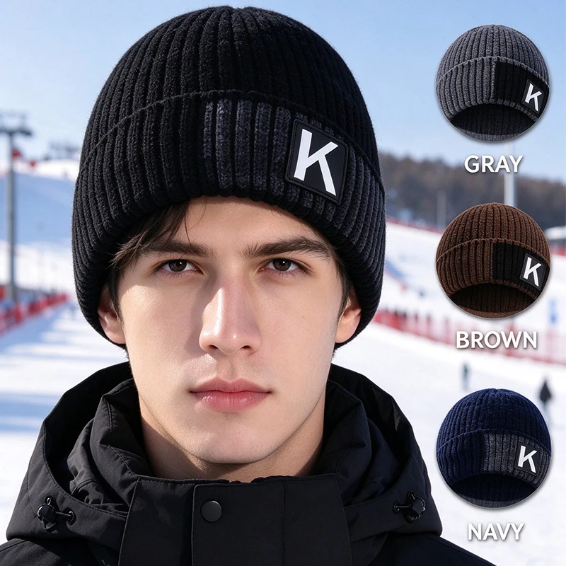 Men Winter Knitted Beanie Hat with K Letter Patch Thick Fleece Lined Warm Ribbed Skull Cap Outdoor Ski Snow Cold Weather Hat