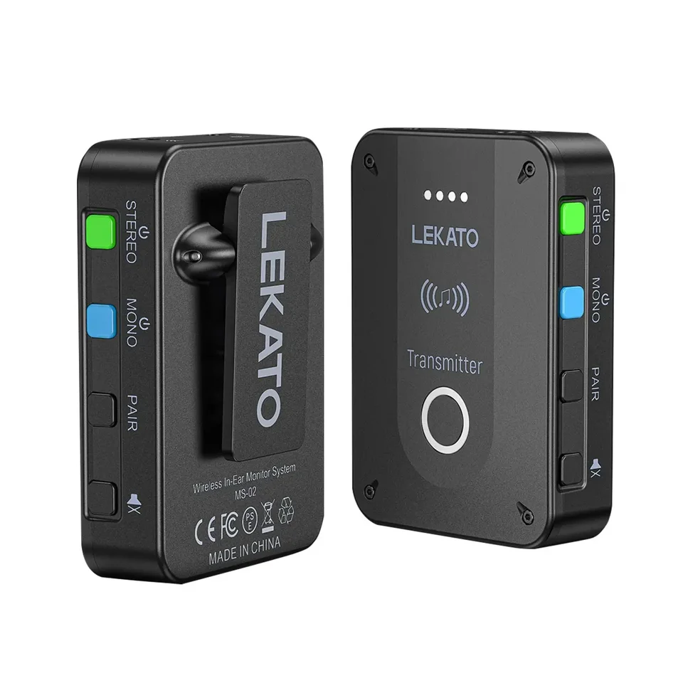 Sistema Monitoraggio In-Ear Wireless LEKATO 2.4 GHz – Custodia Di Ricarica, Trasmettitore E 2 Ricevitori Beltpack, Stereo/Mono Per Studio E Concerti