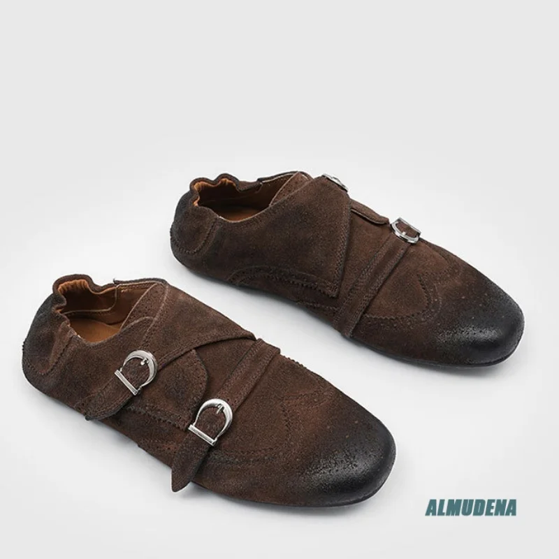 Brown Suede Round Toe Double Buckle Loafers Men's Breathable Street Style Fashion Daily Wear Outdoor Casual Shoes 2026 New