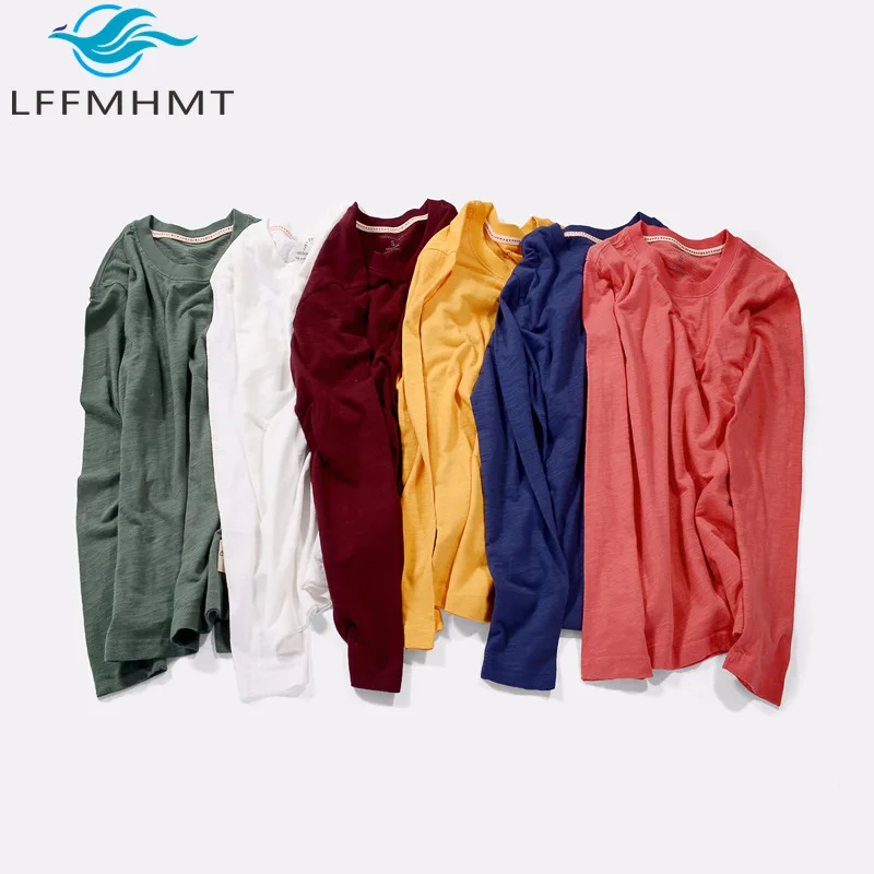 6010 100% Slub Cotton High Quality T-shirt For Men Spring Fall Fashion Long Sleeve Solid Color Simple Slim Soft Cozy Casual Tops