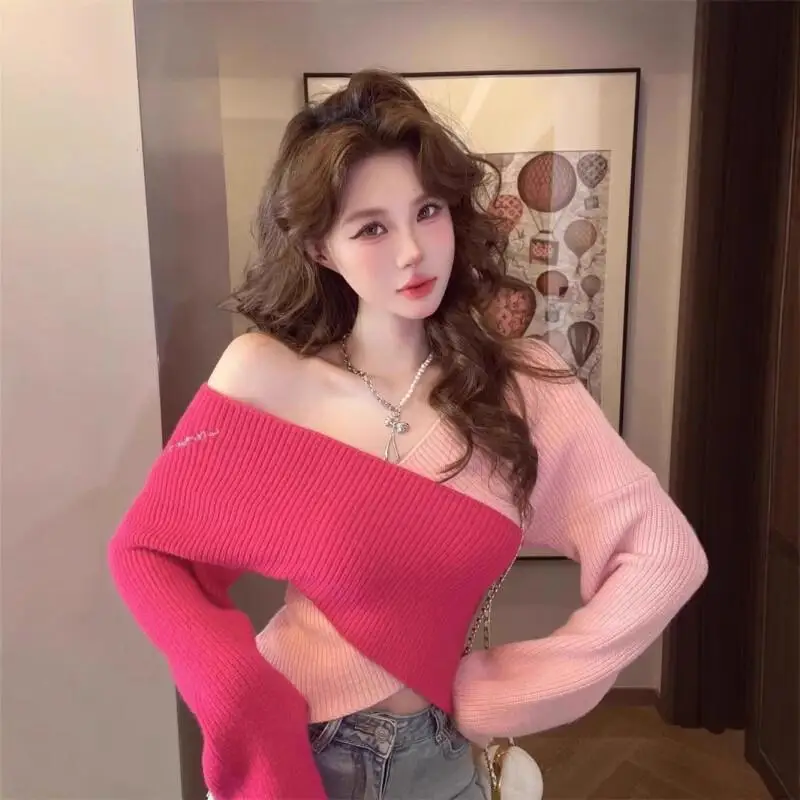 

color blocking V-neck sweater knitwear Women's Spring autumn winter new model off-the-shoulder long sleeves innerwear tops