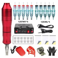 Kit de pluma de tatuaje rotativa, Pedal de fuente de alimentación de tatuaje con aguja de cartuchos de 10 Uds para principiantes, juego de máquina de tatuaje profesional