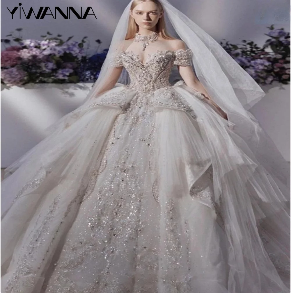 

Luxury Sparkly Beadings Wedding Dress Sexy V-neck Off The Shoulder Bridal Gown Royal Ball Gown Bride Robe Vestido De Novia