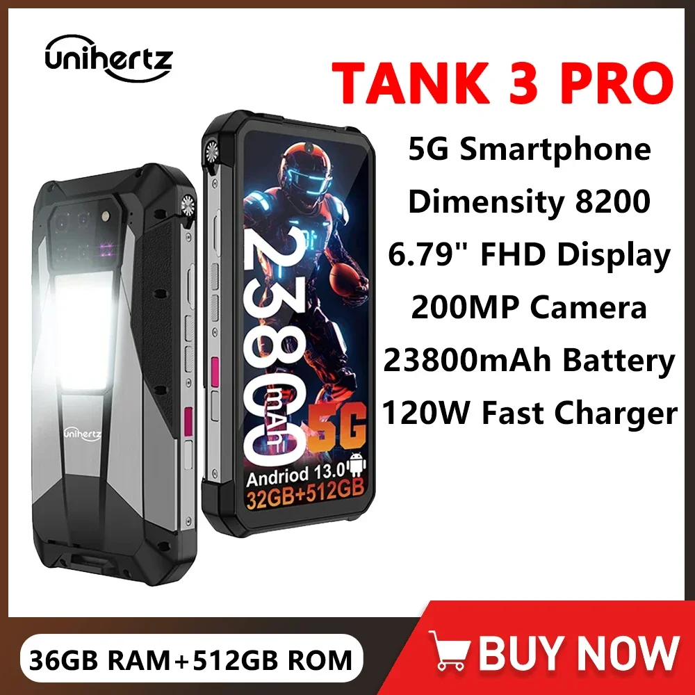 8849 Tank 3 Pro by Unihertz 5G Rugged Projector Phone 23800mAh 512GB ROM Mobile Phones 200MP 120W Charger OTG Smartphone Android