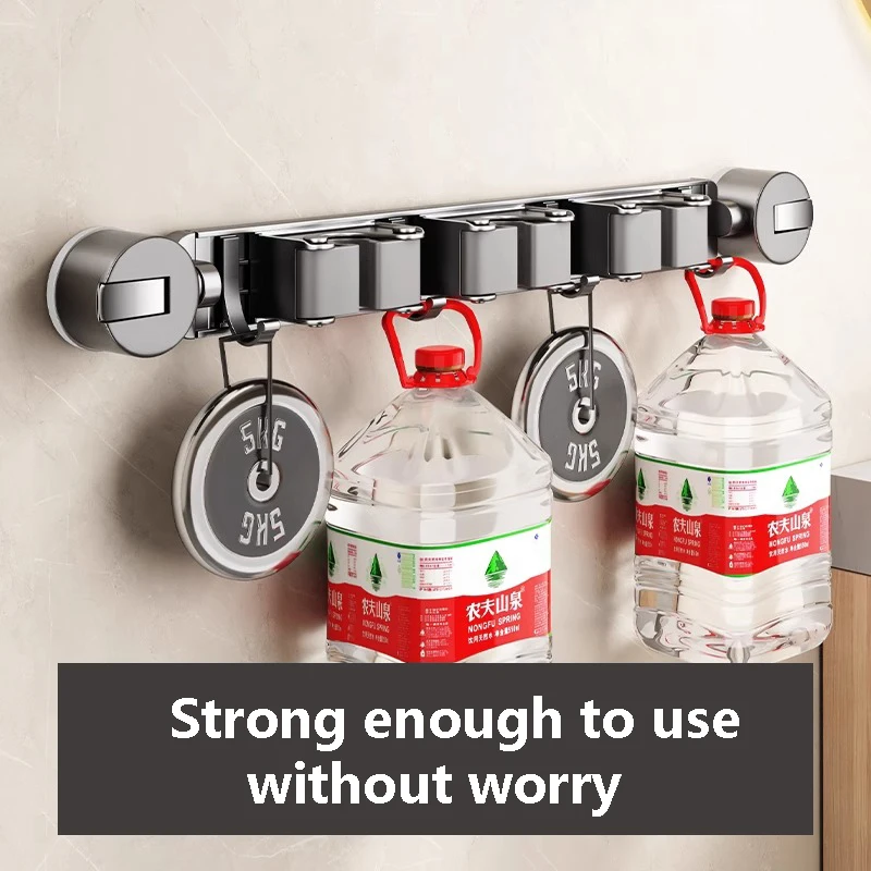 Suction Cup Mop and Broom Organizer 5 Racks and 4 Hooks Mop Broom Holder Wall Stand Gripper Wall Mount Sliding Storage Shelves