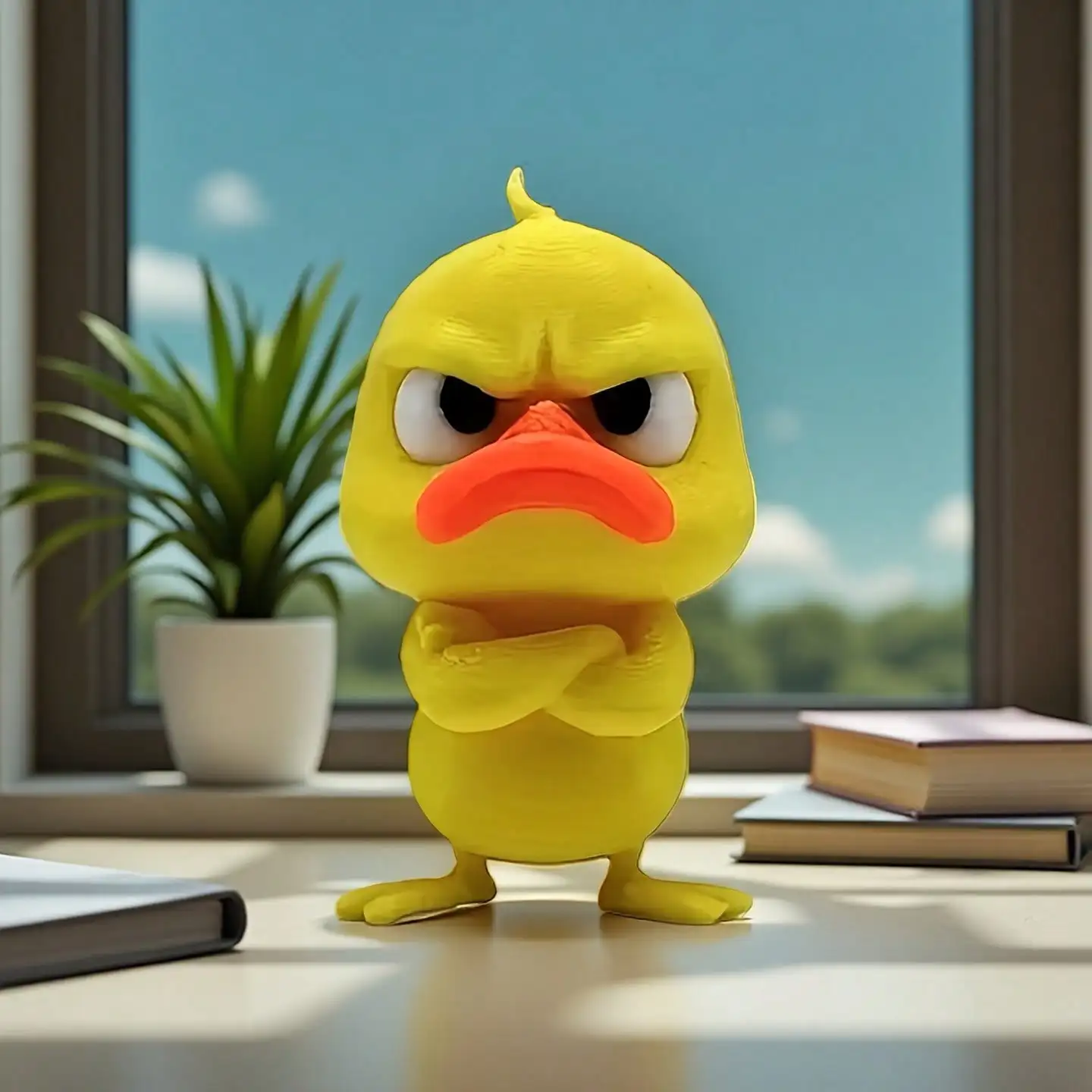 1pc Angry Yellow Duck Statue - Funny Angry Duck Figurine with Expressive Face & Crossed Arms, Plastic Desktop Collector' Item