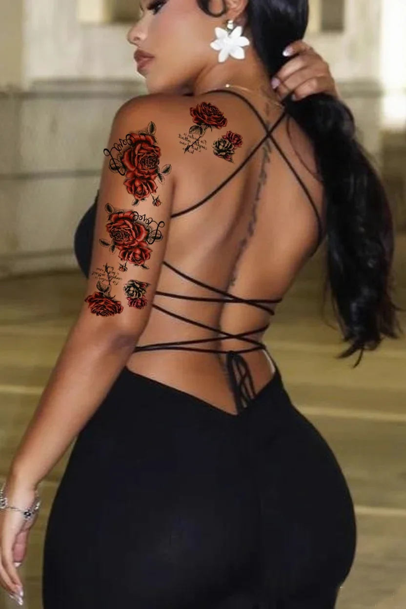 4pcs Red Temporary Rose Flower Arm & Leg Tattoo Stickers, Sexy Stripper Chest & Thigh Design, Waterproof, Perfect For Women