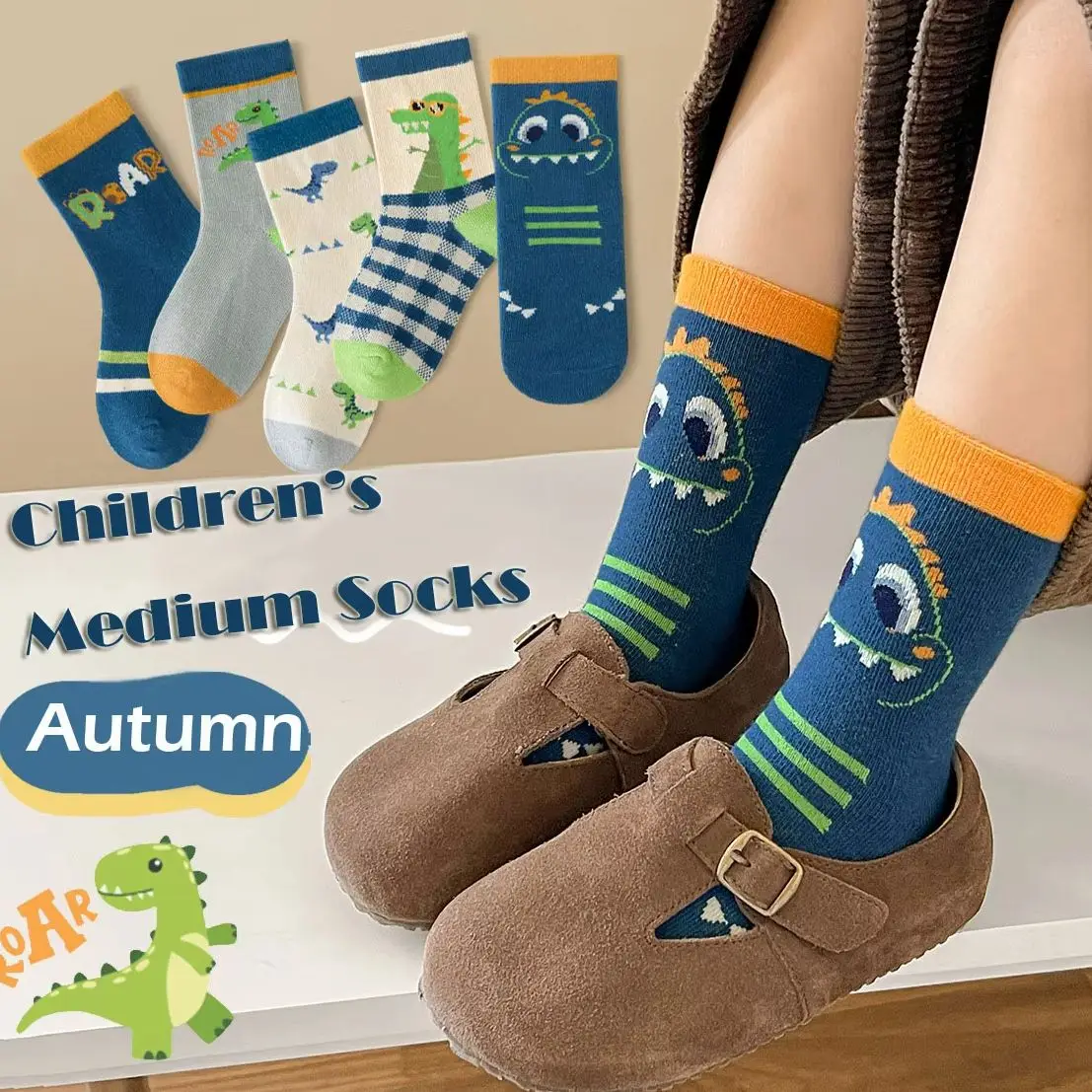 

Baby Socks Autumn Cartoon Dinosaur Socks Boys Mid Calf Cotton Socks A Class Kids Socks 5 Pairs/bag