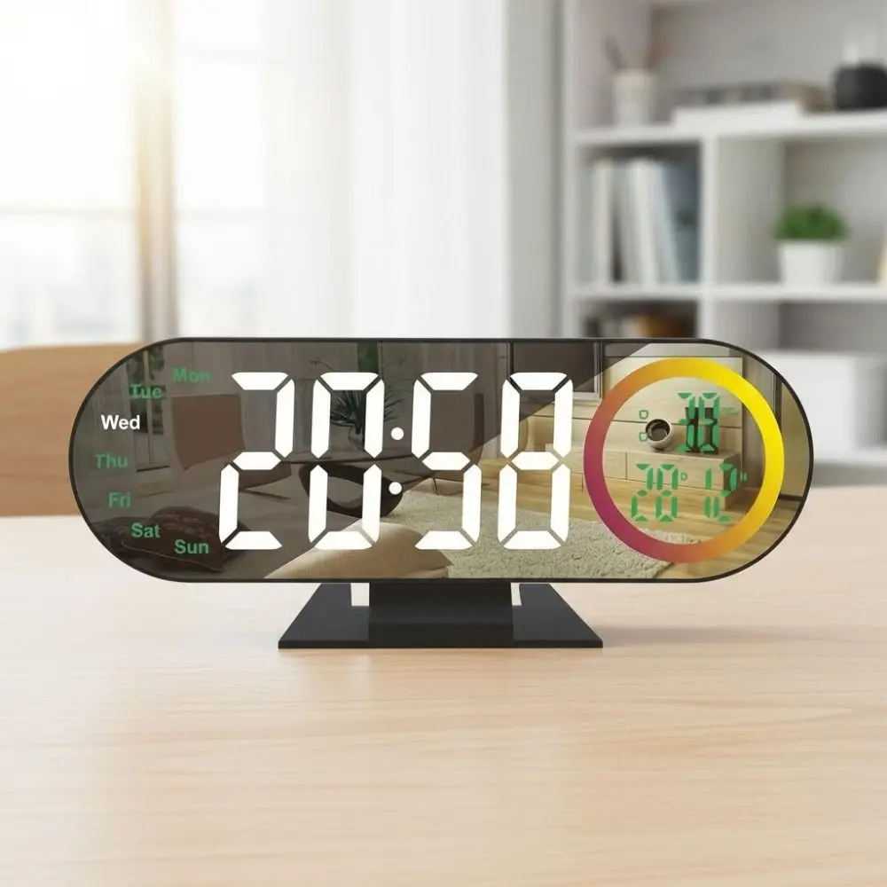 Brightness Adjustment Digital Alarm Clock 12/24H Format Voice Control LED Mirror Clock Temperature Display Date Week