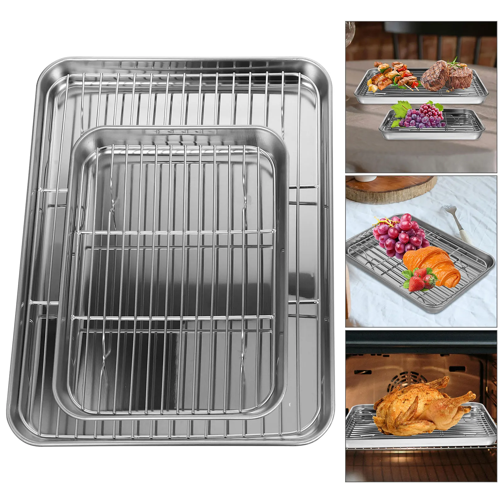 2Pcs High Quality Drain Tray Set Rust Free Stainless Steel Kitchen Pans for Vegetable Fruit Drying Baking Sheets Storage Dishes
