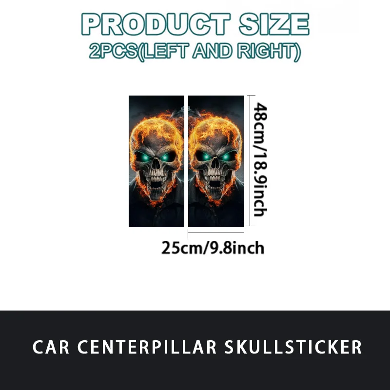 Pack of 2, Green Eyed Skull Flame Face Car Sticker - Waterproof Self-Adhesive Decal for Vehicle B-pillar Protection, Highlight