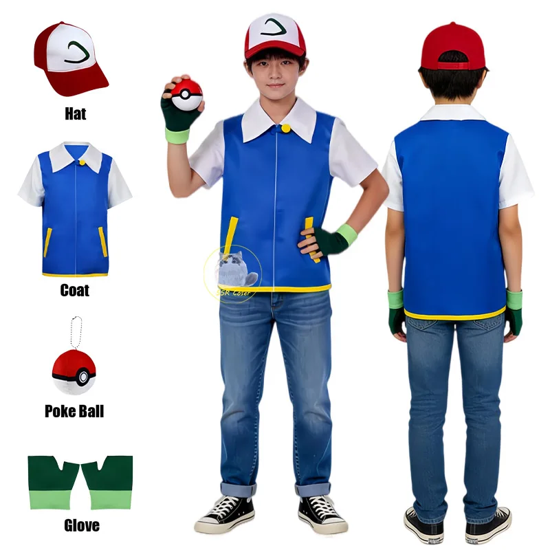 Bilibili Ash Ketchum Cosplay Anime-Kleidung Herren Blaue Jacke Kostüm Jungen Mädchen Cosplay für Party Trainer Poke Mon Mütze Handschuhe Set