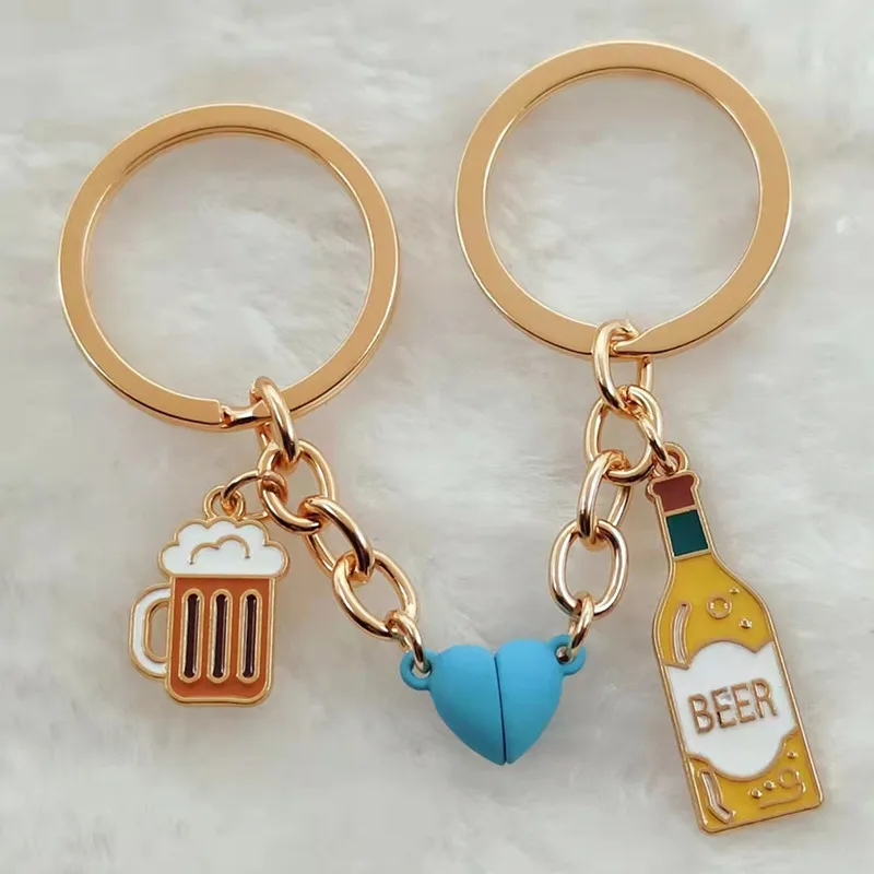 Enamel Keychain Beer Beer Mug Magnetic Button Keychain Ladies Men Bar Bag Accessories Car Keychain Couple Gift Jewelry